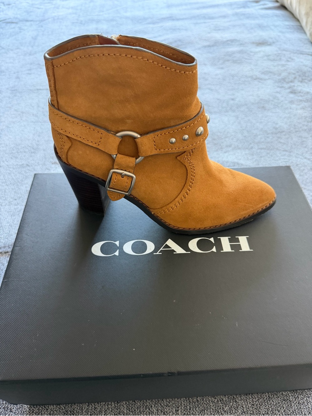 Coach Tan Suede Harness Ankle Bootie